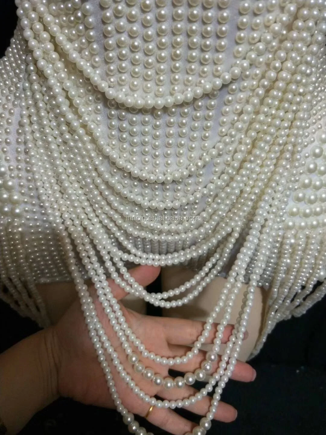 White Pearls Beading Bodysuit Jazz Dance Outfit Evening Stage Show Costume Prom Birthday Bar Women Singer Clothes