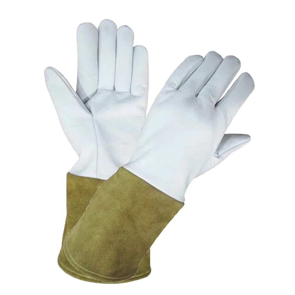 Heat Resistant Safety Work Welding Gloves Tig Grain And Cow Leather Long Cuff White Top Cow
