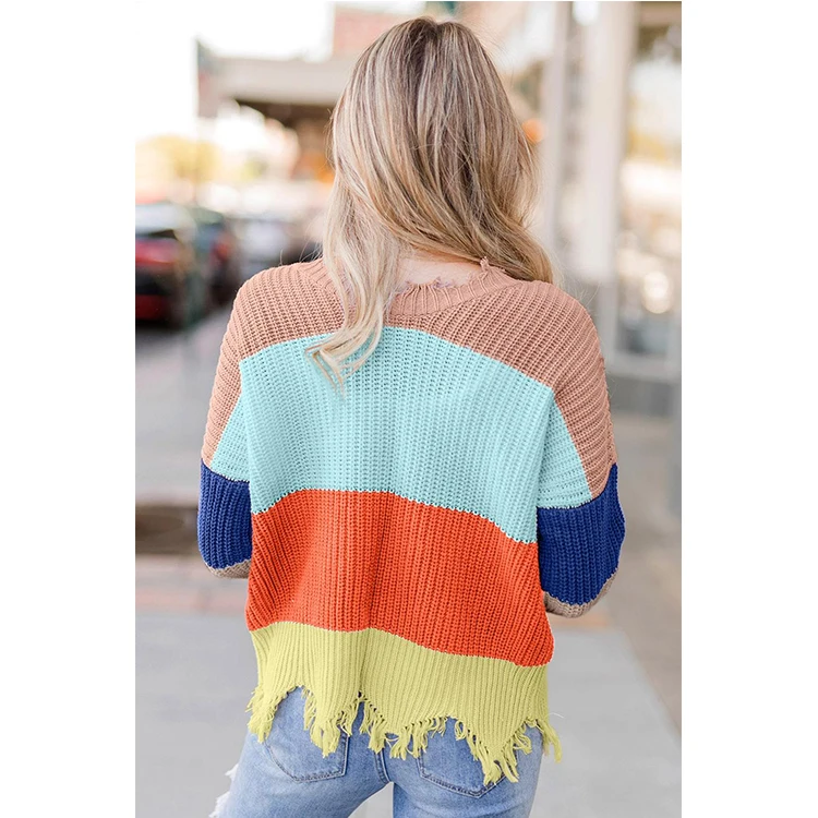 
2019 New Style Winter Striped Color Long Sleeve Women Distressed Sweater Oversize 
