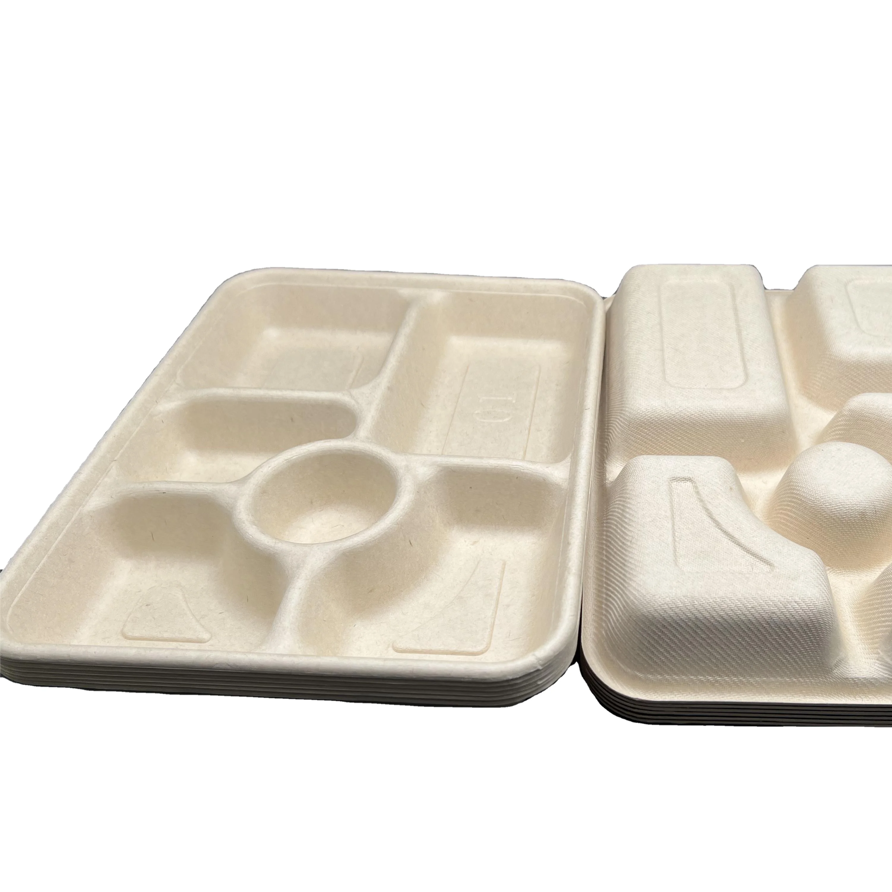 Customized Eco-friendly Biodegradable Sugarcane Bagasse food container 6-Compartment Divided Plate disposable lunch box