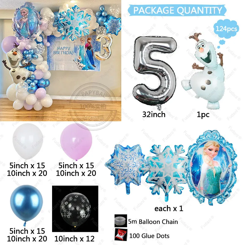 124pcs Frozen Theme Balloons Garland Arch Kit Snowflake Elsa Olaf Foil Globos