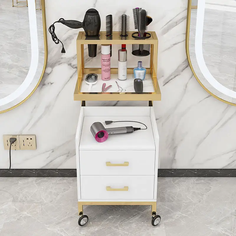 Professional hair salon equipment rolling spa gold metal side makeup cabinet organizer case barber shop trolley for salon