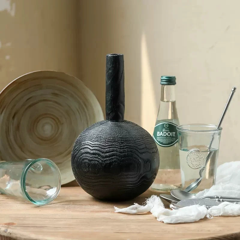 Black Round Ball Solid Wood Fine Mouth Vase Round  Retro Homestay Zen Japanese Style  Design Decor