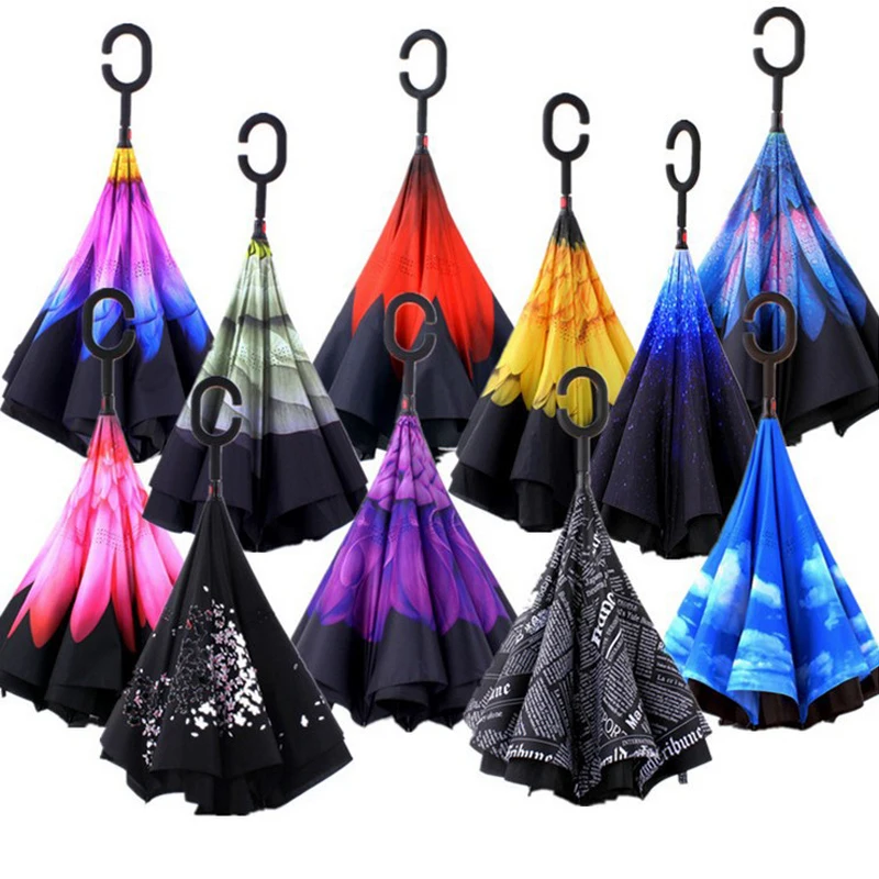 Guangdong supplier waterproof custom print C handle double layer inverted umbrella stick