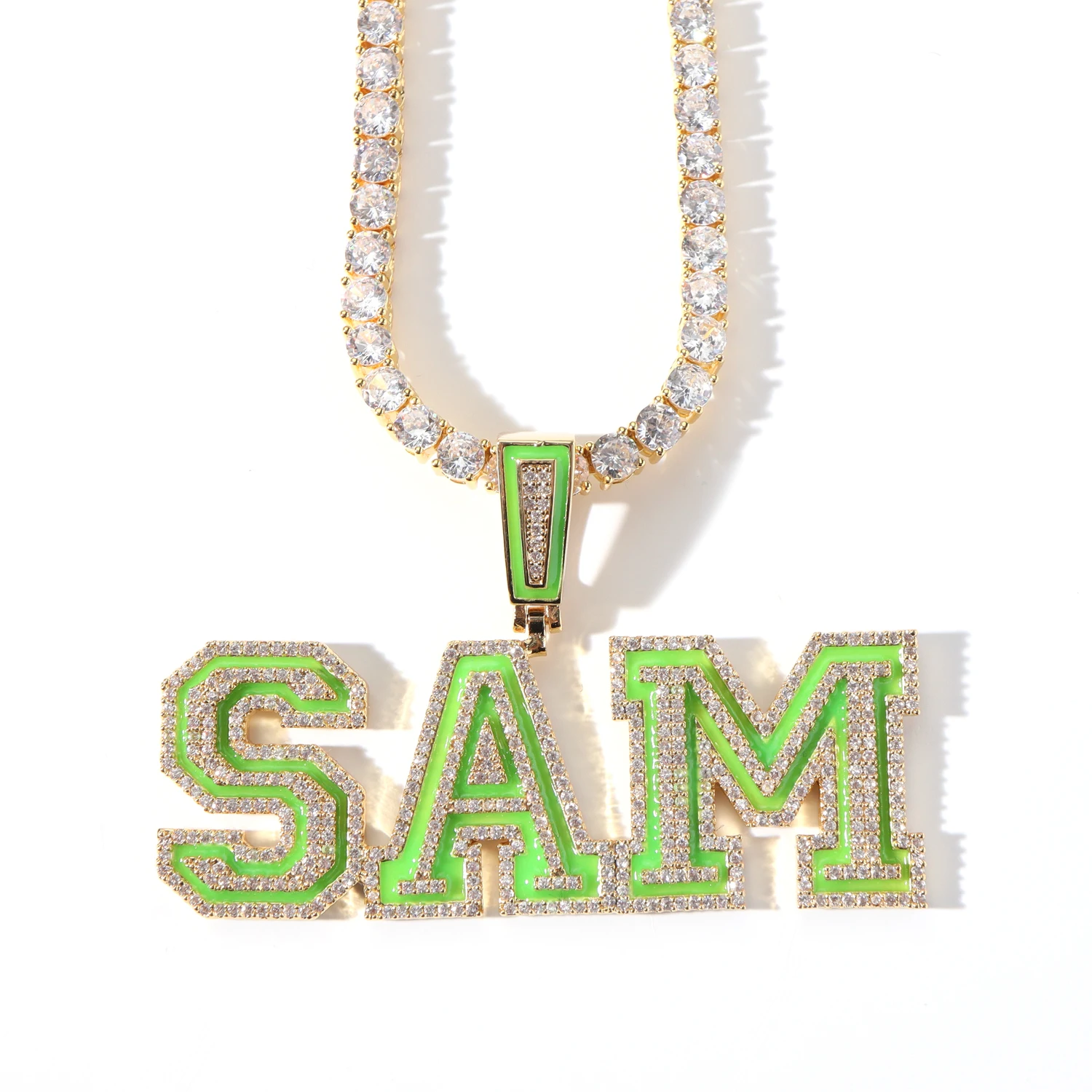 Fashion Hiphop Jewelry Luminous 26 Letters Custom Name Pendants  Multicolor Letter Name Necklace Diamond Personalized Chain