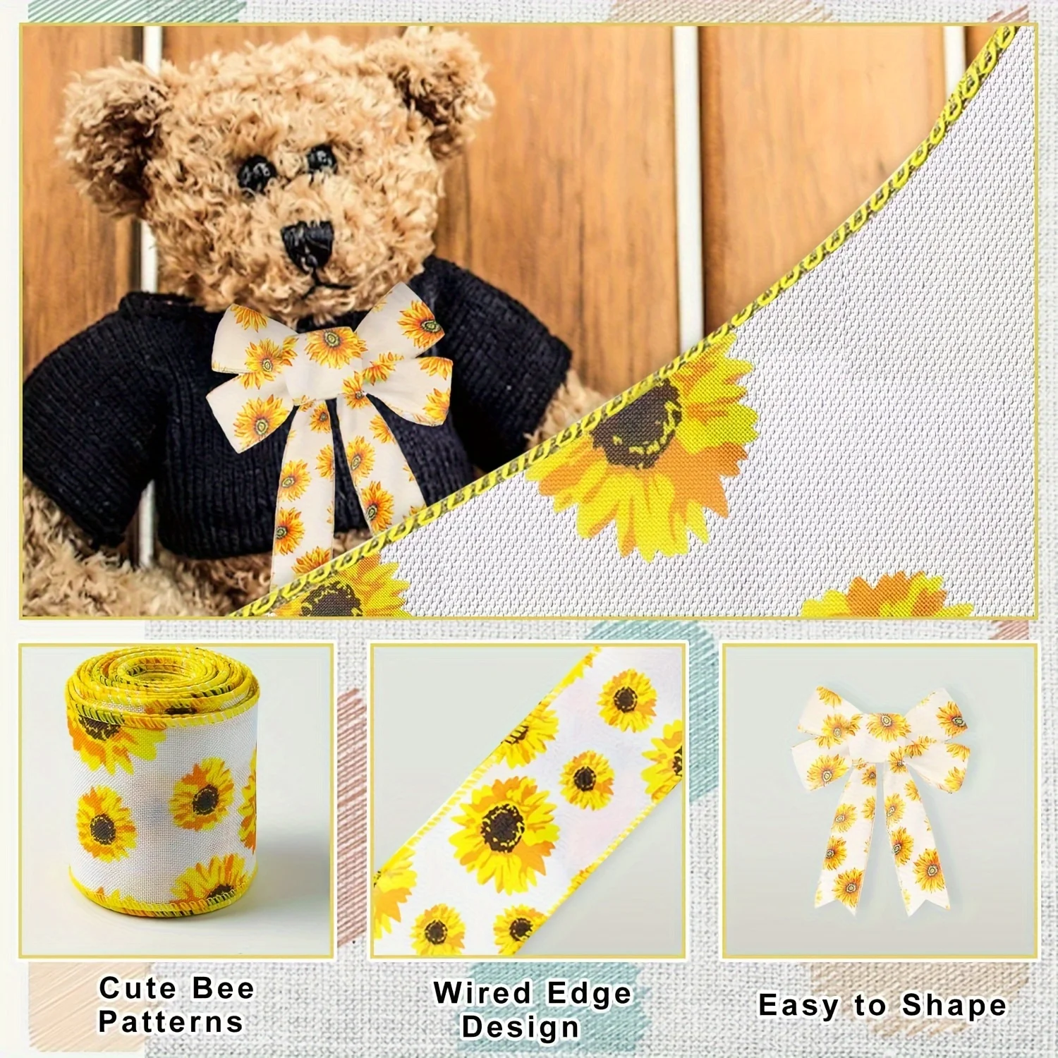 5 rolls 2.5-inch classic sunflower ribbon Idyllic style wired fabric, seasons Universal of versatile holiday streamer