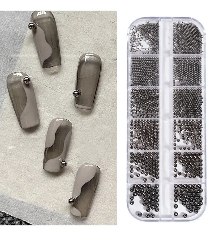 Mini Small Stainless Steel Caviar Beads Nail Rhinestones 12Grids/Box Mixed Size Silver Rose Gold Micro Ball Nail Art Charms