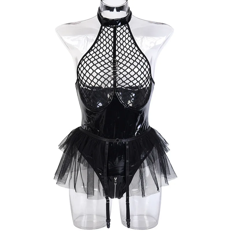 Erotic Sexy Latex Lingerie Garters Set for Sex Lenceria Clothes Body Suits Women Panties Catsuit Sexi Leather Spandex Bodysuit