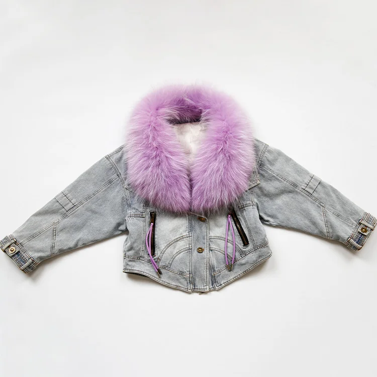 Custom Wholesale Winter Thick Plush Warm Loose Down Jacket Womens Large Raccoon Fur Collar Denim Down Jacket for Women