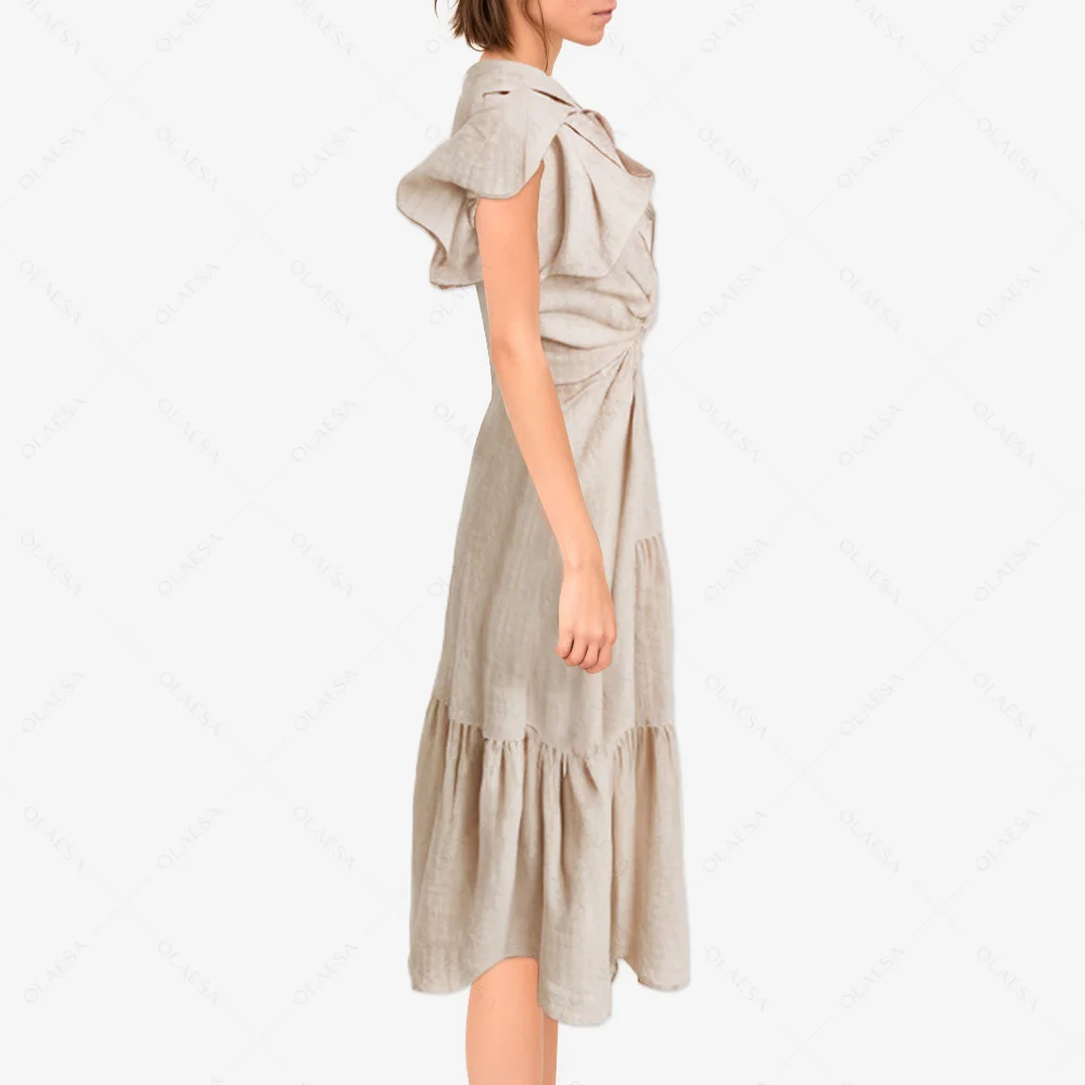 Odm Design High Quality Women Holiday Plain Dresses Ladies Tied Knot Midi Dress Casual Linen Dresses