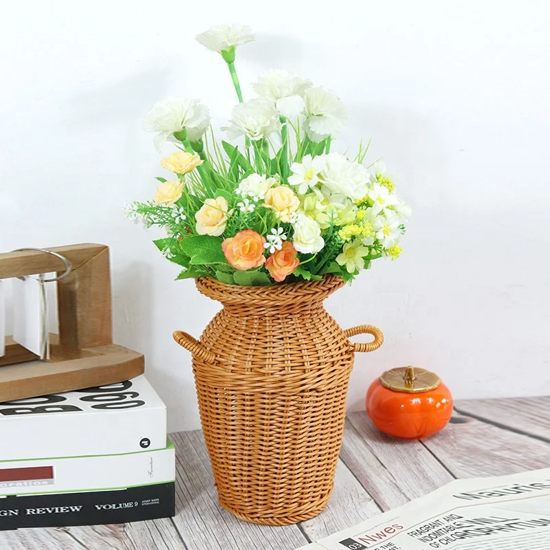 FSP353 Japanese Home Decor Plastic PE Creative Home Decoration Flower Straw Woven Antique Rattan Glass Vase Plant Vases