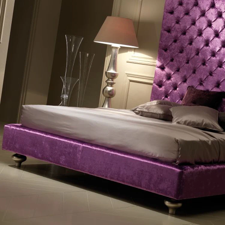 Latest design tufted royal king size purple leather upholstered wooden bed