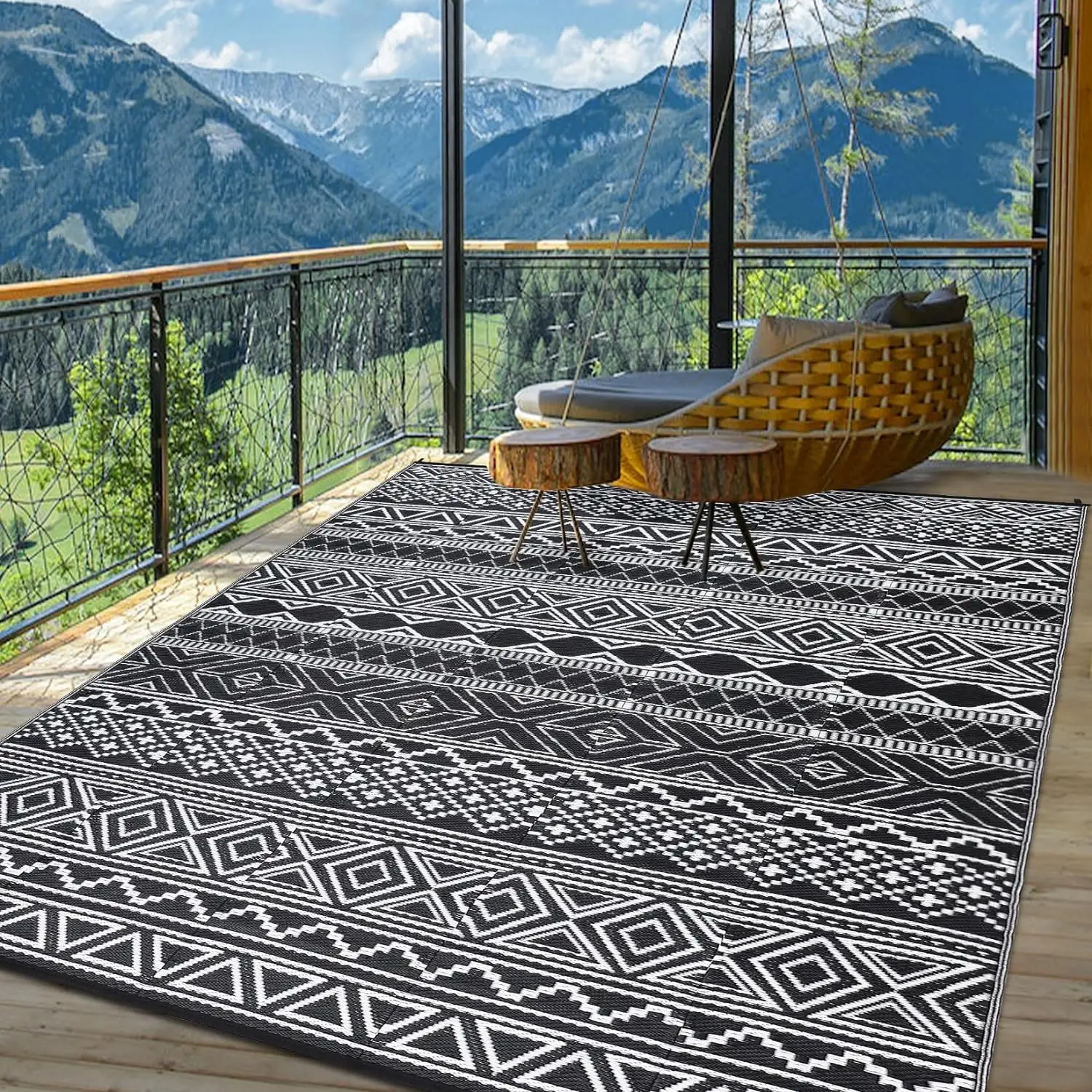 HUAYANG Large Reversible Polyester Straw Rug Waterproof Outdoor Carpet for Patios Colorful and Washable Clearance Sale