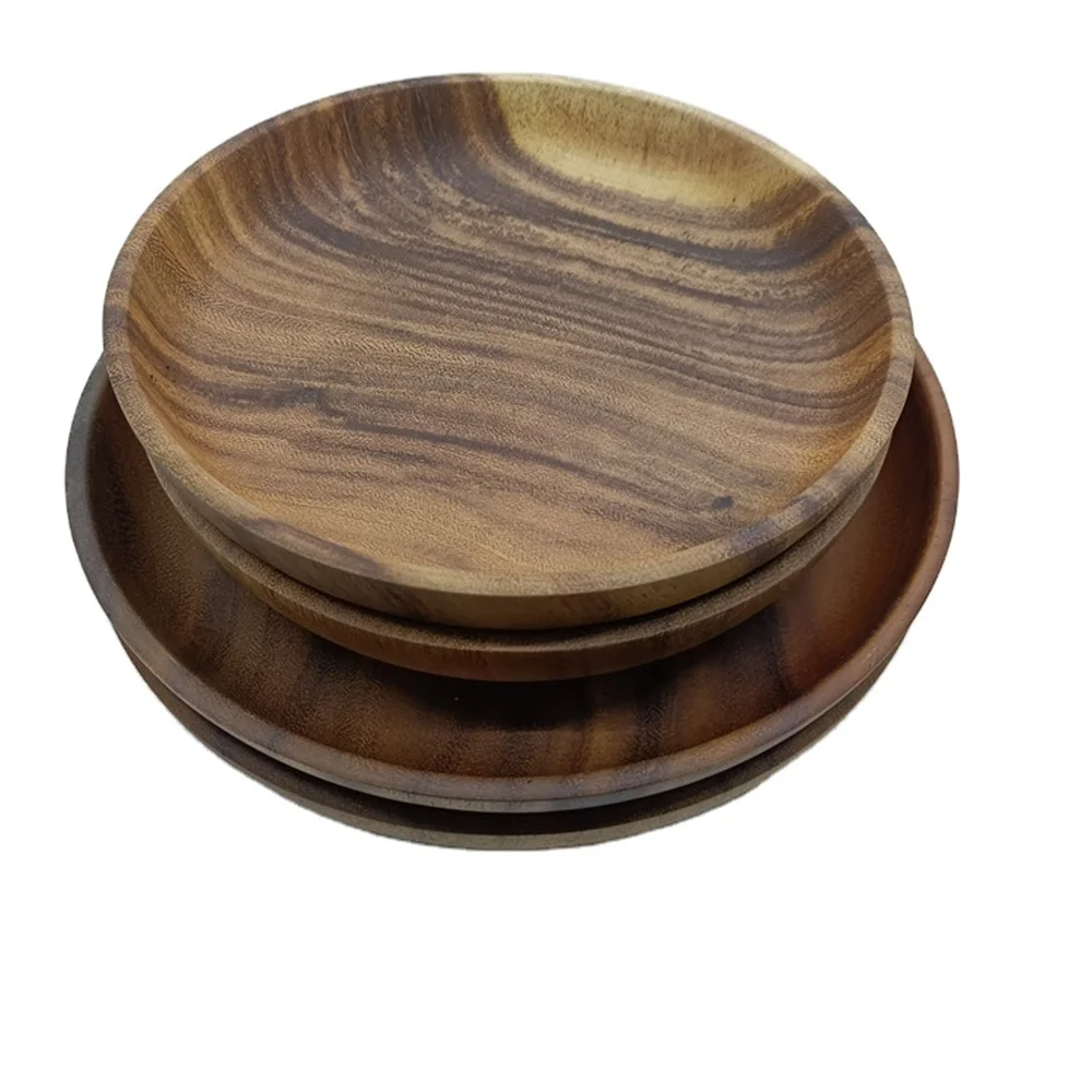 Hotselling Difference Size Dish Dough Bowl Ready Ship Acacia Solid Wood Salad  Snack Food Shallow Bowl with LOGO Engrave
