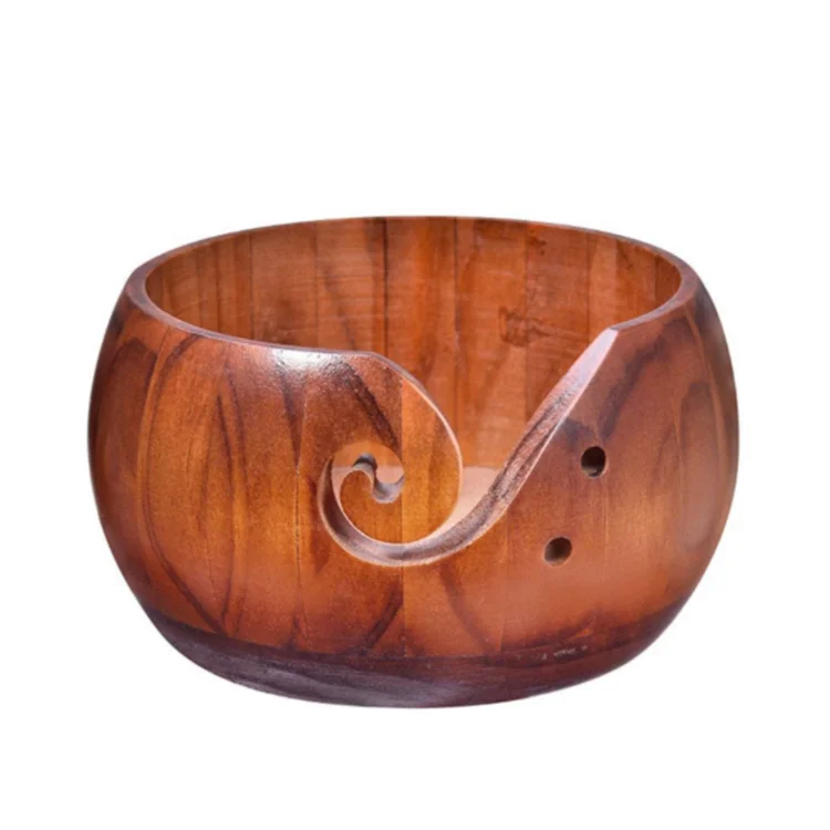 Wholesale Custom Home Decoration Natural Bamboo Wool Bowl Handmade Wooden Storage Yarn Bowl with Holes