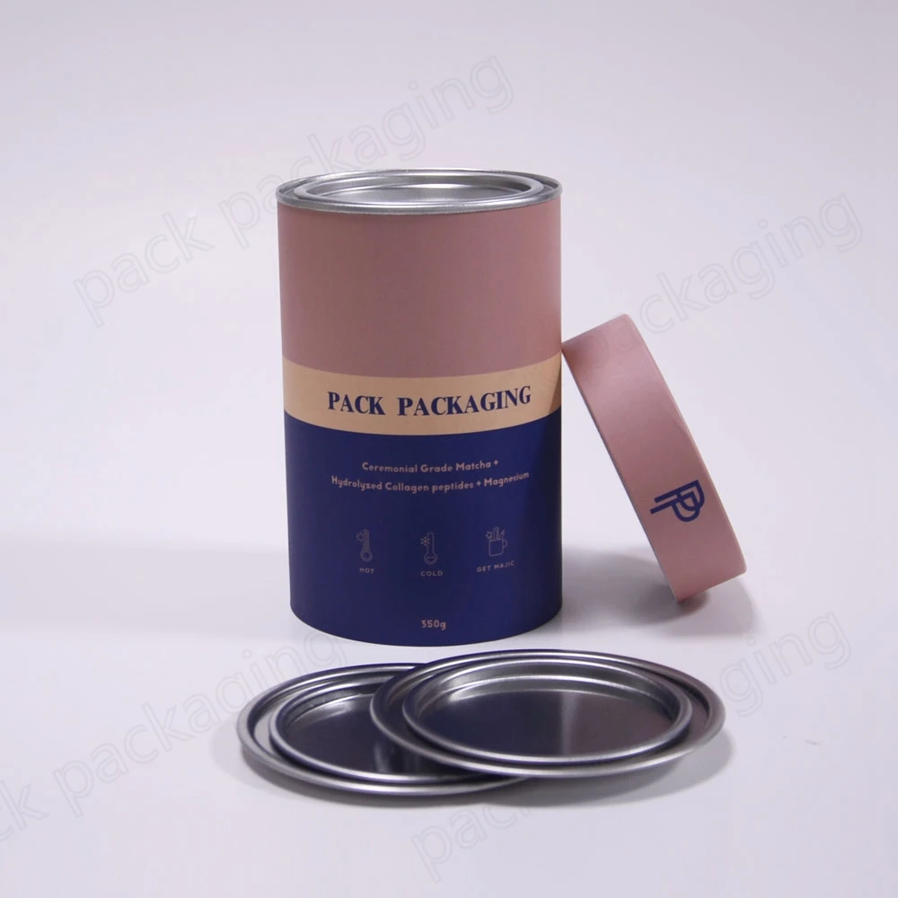 custom print empty Collagen powder container paper tube packaging with metal lid metal caps