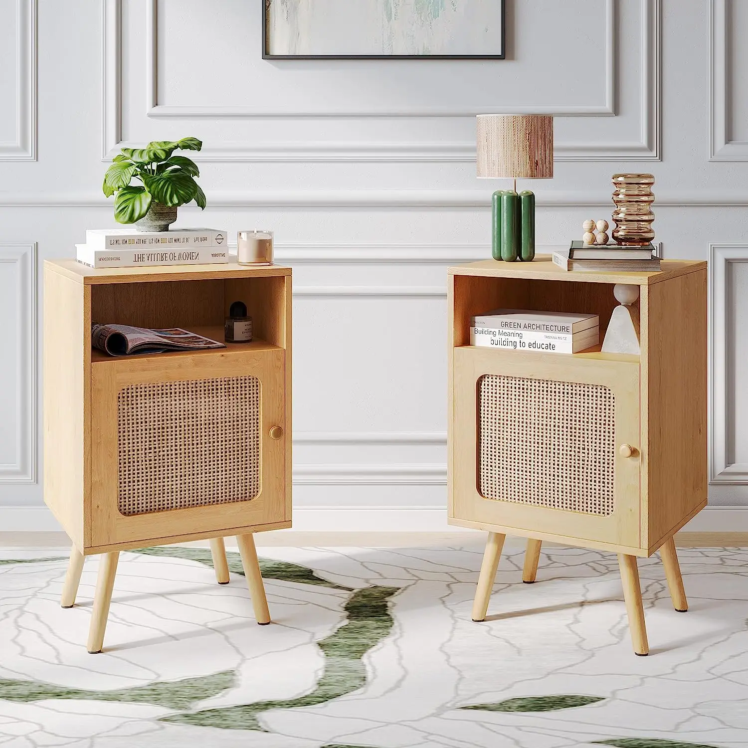 Mid Century Modern Rattan Nightstand with  Bedside Table with Drawers Natural Rattan Finish