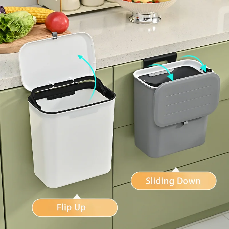 Waterproof PP 9L Wall Mounted Waste Bin Slide Open Kitchen Hanging Trash Can Bin with Lid Sustainable Kitchen Cabinet Cover