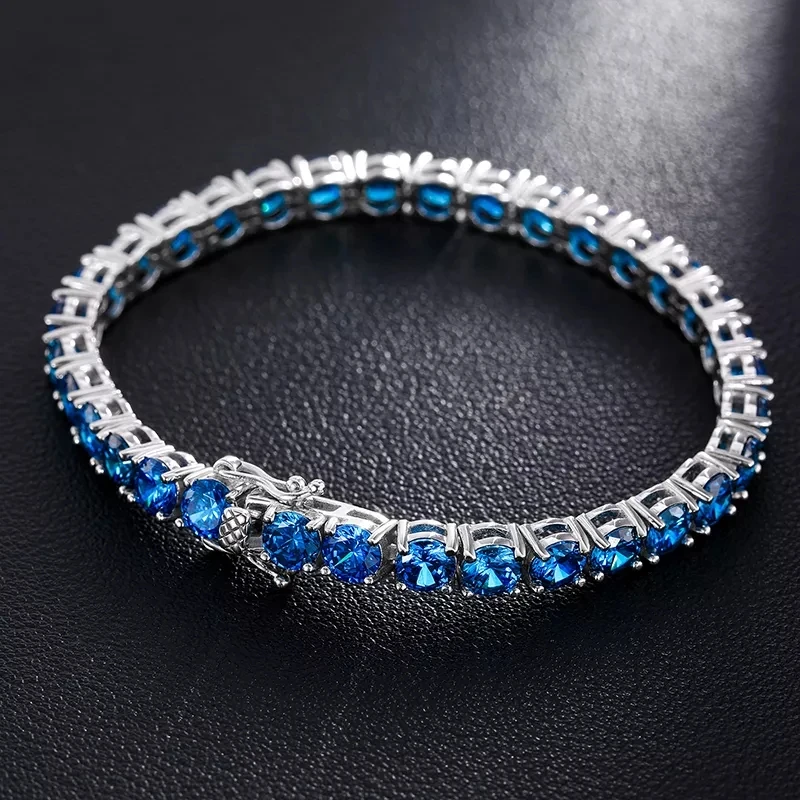 Trend Fine Jewelry 3mm 4mm 5mm 925 Sterling Silver Blue VVS Moissanite Diamond Cluster Tennis Chain Bracelet Necklace
