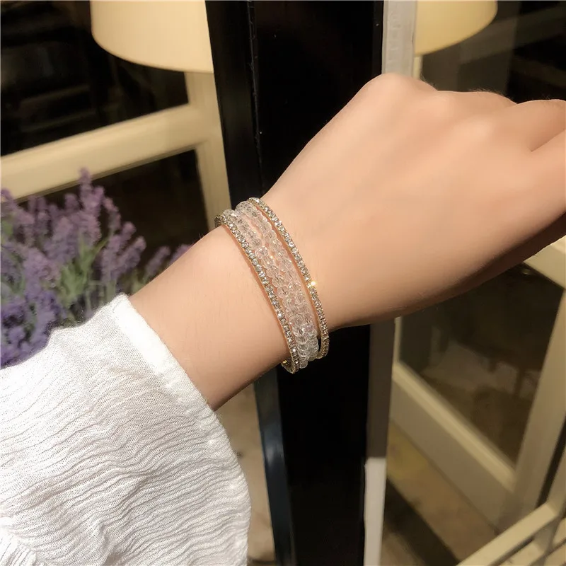 Korean New Arrival Elegant Shiny Crystal Beaded Open Bracelet Gold Plated Multi Layered Bangle Bracelet Women