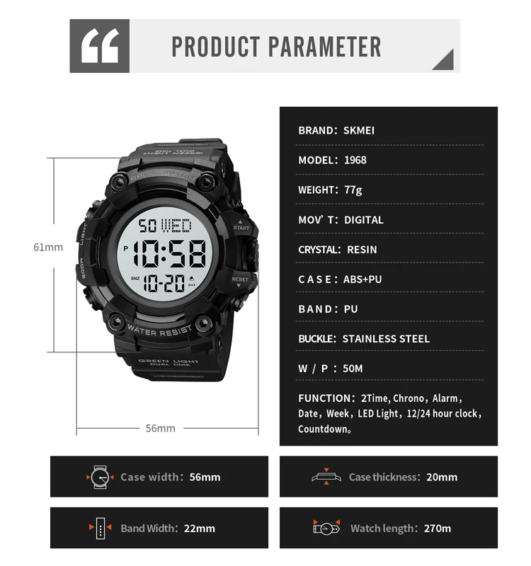 SKMEI 1968 Custom Logo Watches Wholesale Bulk For Men Jam Tangan Sport Digital Watches