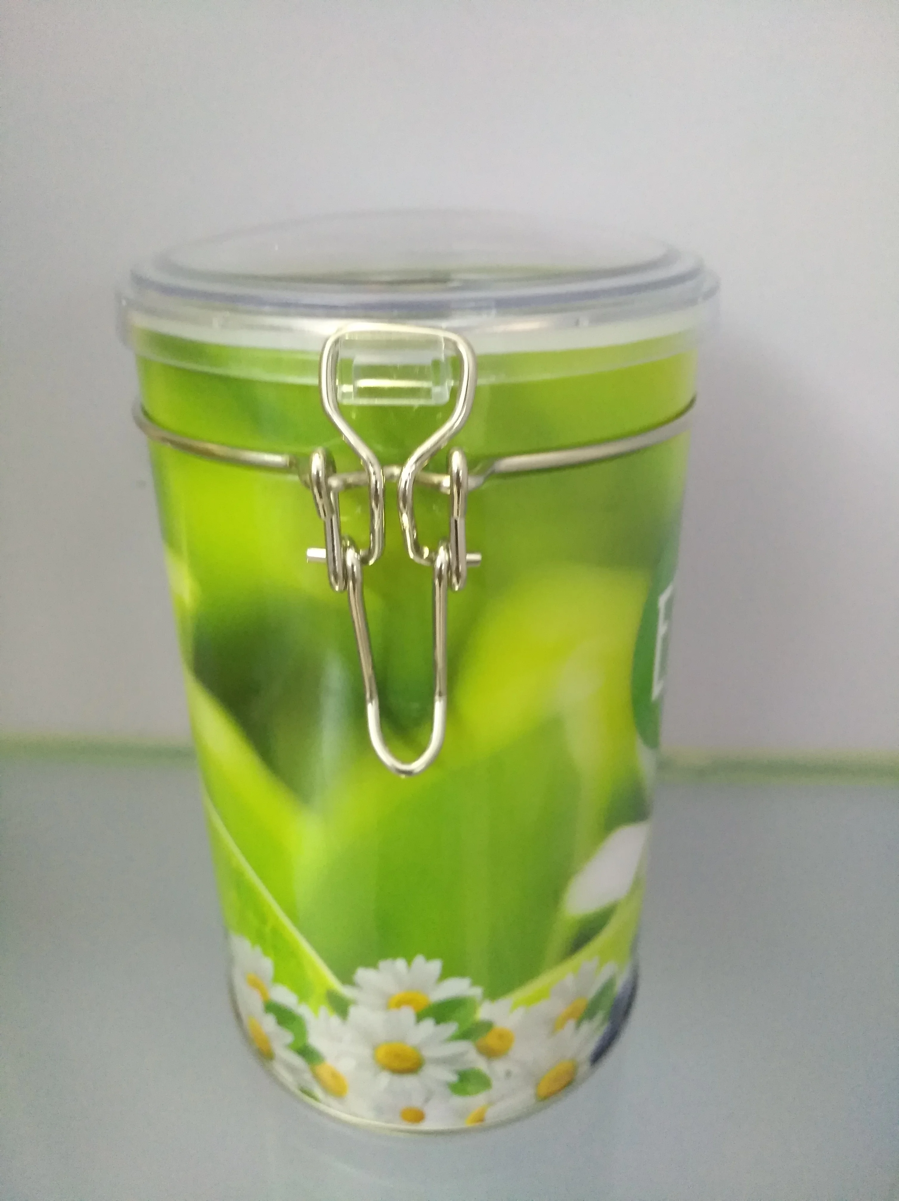 Round Airtight Tea Canister with Metal Clip/Clear Plastic Lid Set