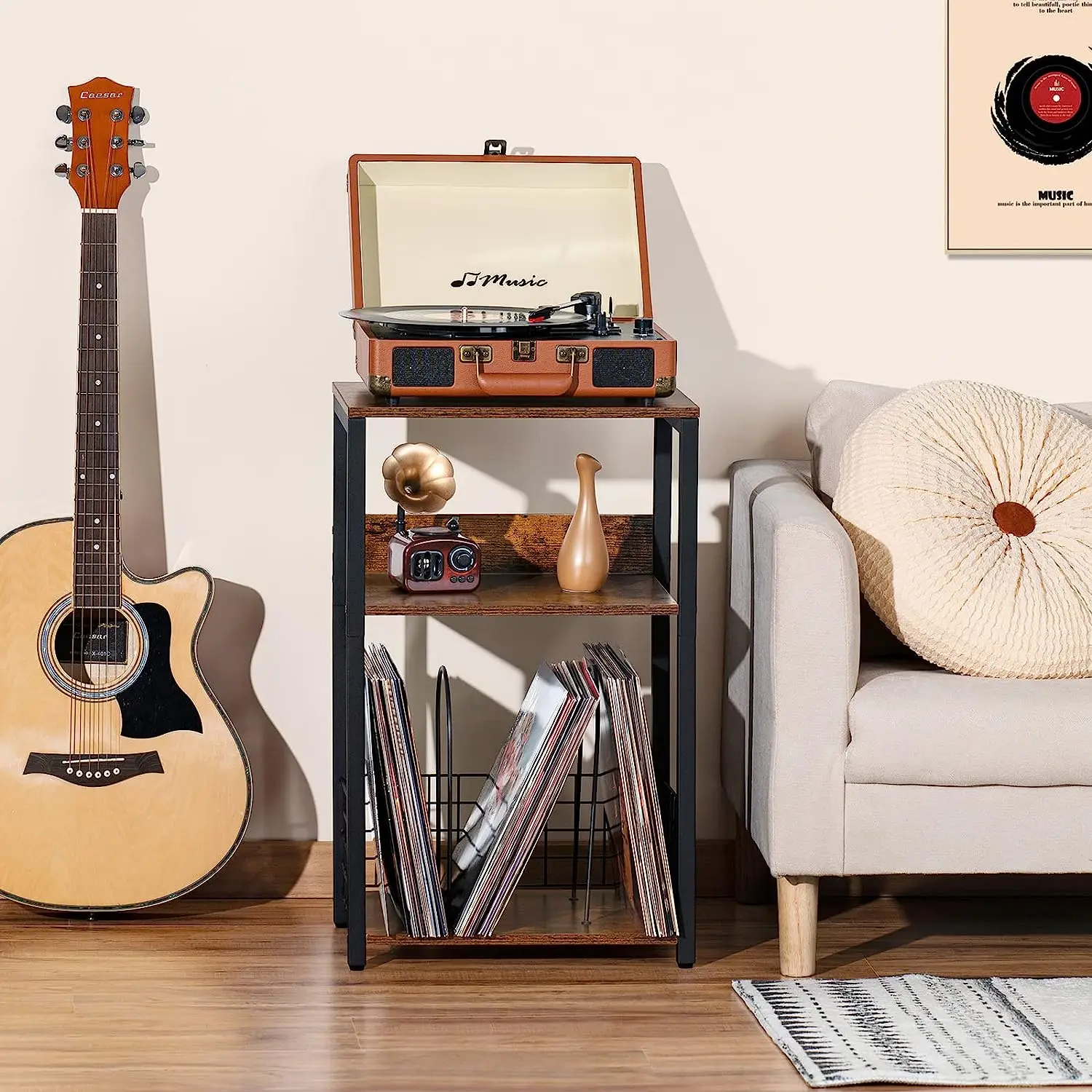 Brown Record Player Stand for Living Room Bedroom,3 Tier End Table,Record Player table with Storage,vinyl record storage