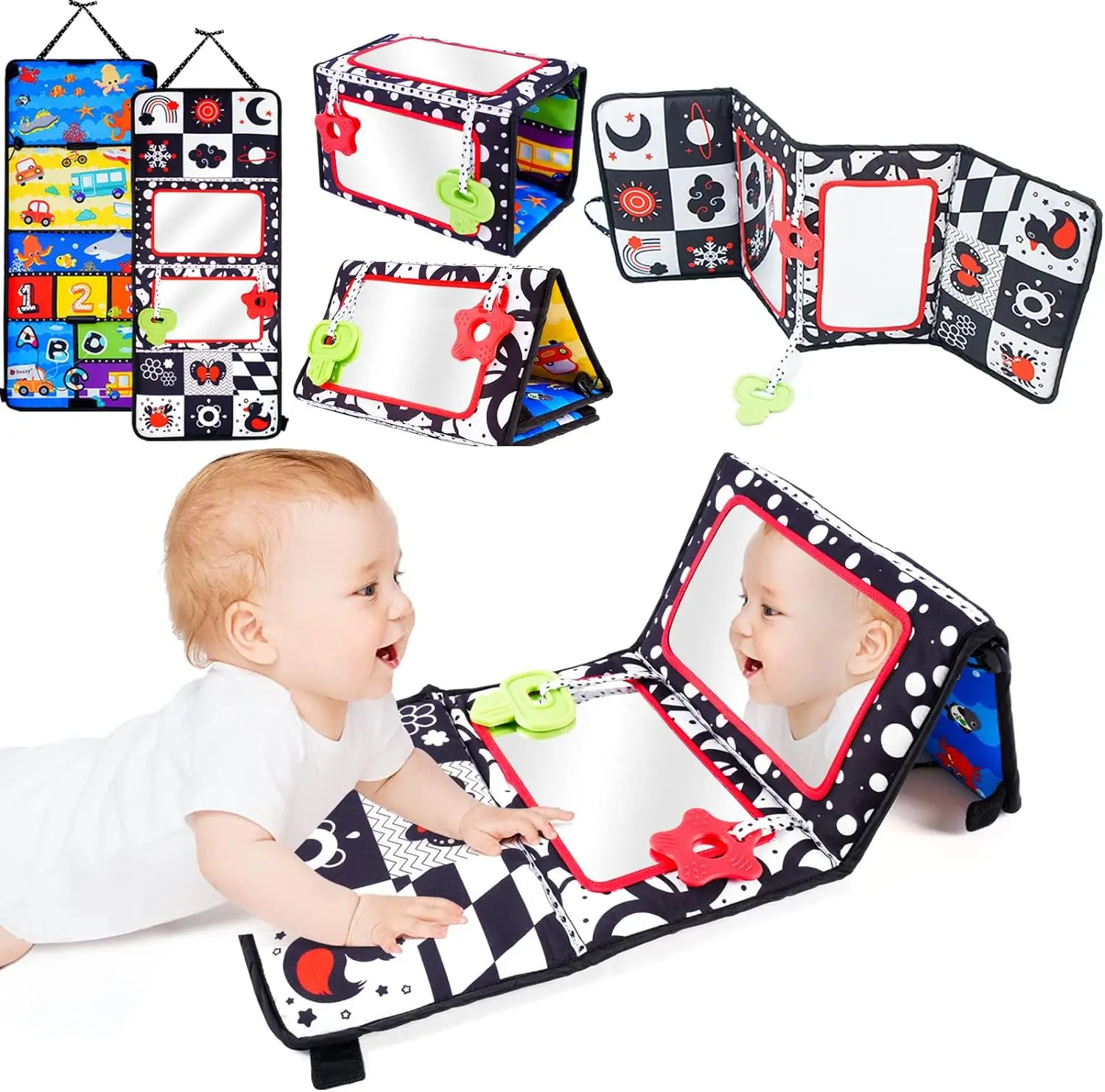 Baby Sensory Educational Black White Toy Crinkle Fabric Teethers Baby folding collapsible Tummy Time Mirror