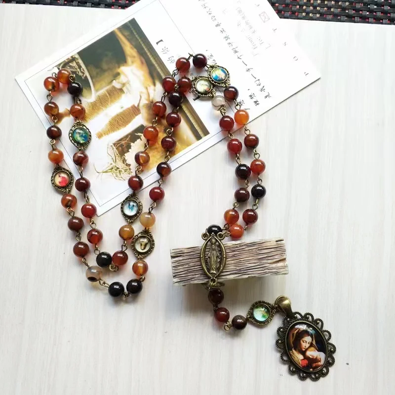 Religious Glass Agate Stone Beads Rosary Seven Bitter Rosary Men and Women Religious Pendant Necklace