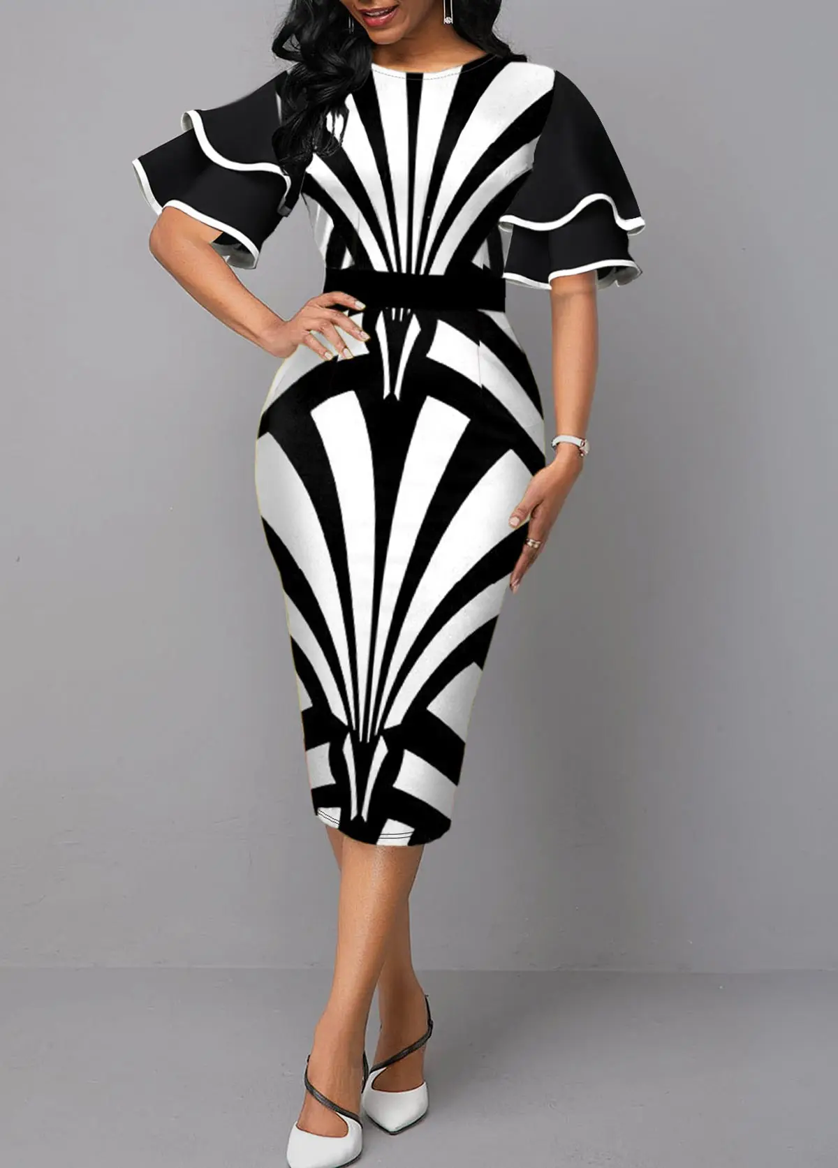 Color Block Flare Sleeve Round Neck Dress