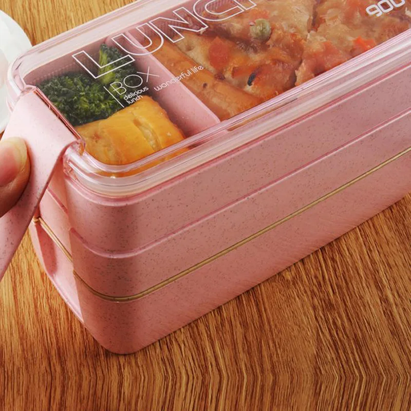 Portable 3 Layer Rectangle Food Container Reusable Custom Logo Eco-Friendly Wheat Straw Lunch Box Modern Kids Tiffin Bento
