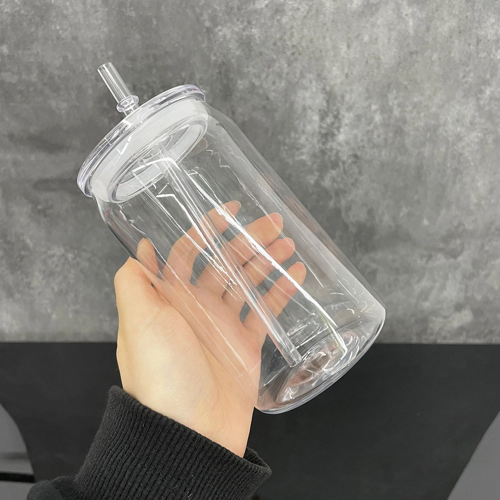 In Stock Acrylic Can Beer Glass 16oz with pp Lids and Wooden Lids Unbreakable 16oz 20oz Plastic Soda Beer Can for UV DTF Wraps