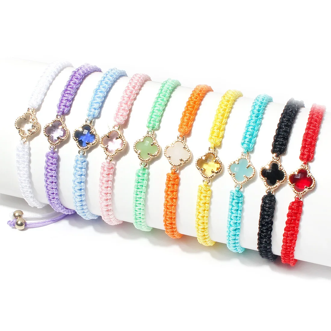 Handmade Fashion Woven Macaron Rope Bracelets Crystal Glass String Lucky Four Leaf Clover Flower Bracelet