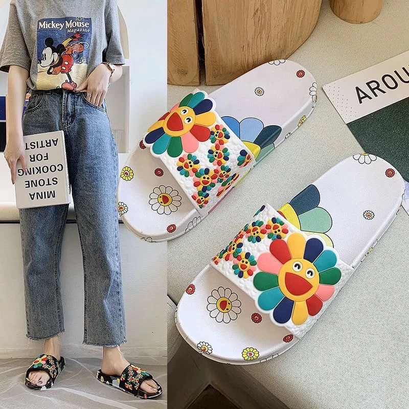 Summer Slippers for Women Fashion Outdoor Beach Sandals Sun Flower Slides Slippers Indoor Home Bathroom Anti Slip Cozy Leisure
