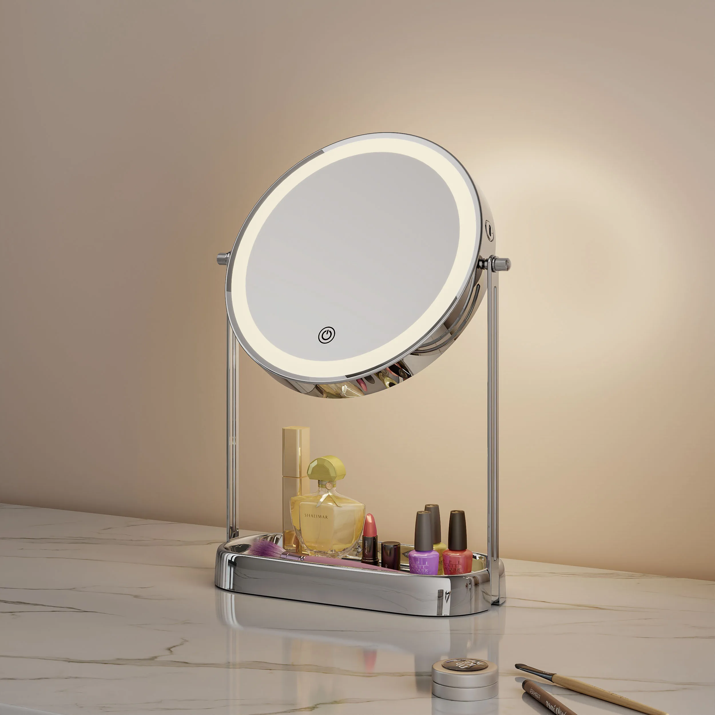 360° Swivel Smart Double Sided 3 Color Lighting Cosmetic Storage Vanity Mirror Lights Lighted With Led Makeup Mirror