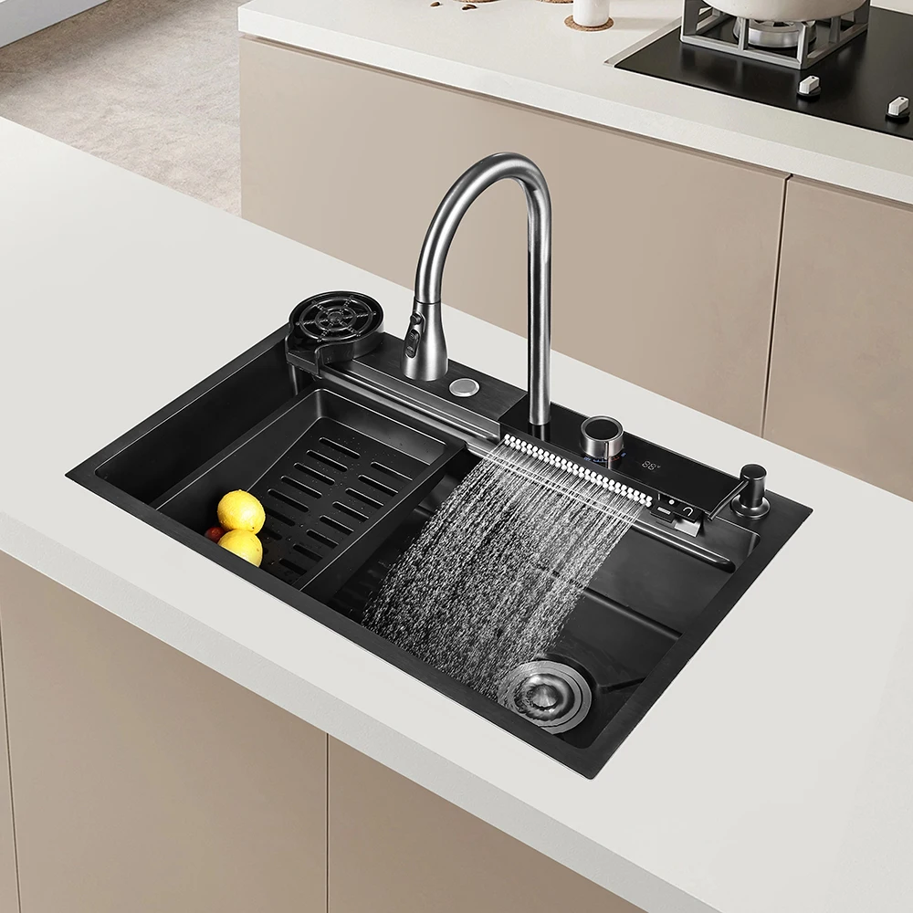 Pull-Out Kitchen Faucet Sink Waterfall S.S. Flying Rain Faucet and Kitchen Sink