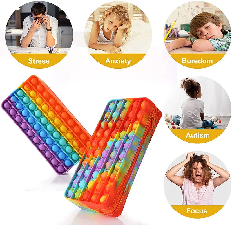 Amazon Hot Selling Silicone Fidget Stationary Bag Toys Push Pop Bubble Fidget Sensory Toys Pencil Case For Autism Children