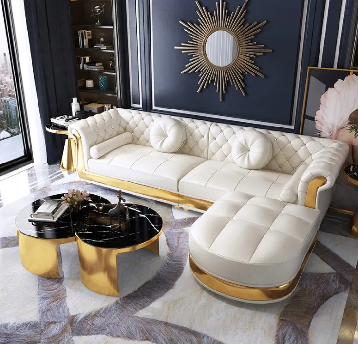 Modular Sofa Hot Sale New Designed Sofa Set Furniture U Shaped Luxury Leather Button Tufted Upholstered Sofas for Hotel Villa