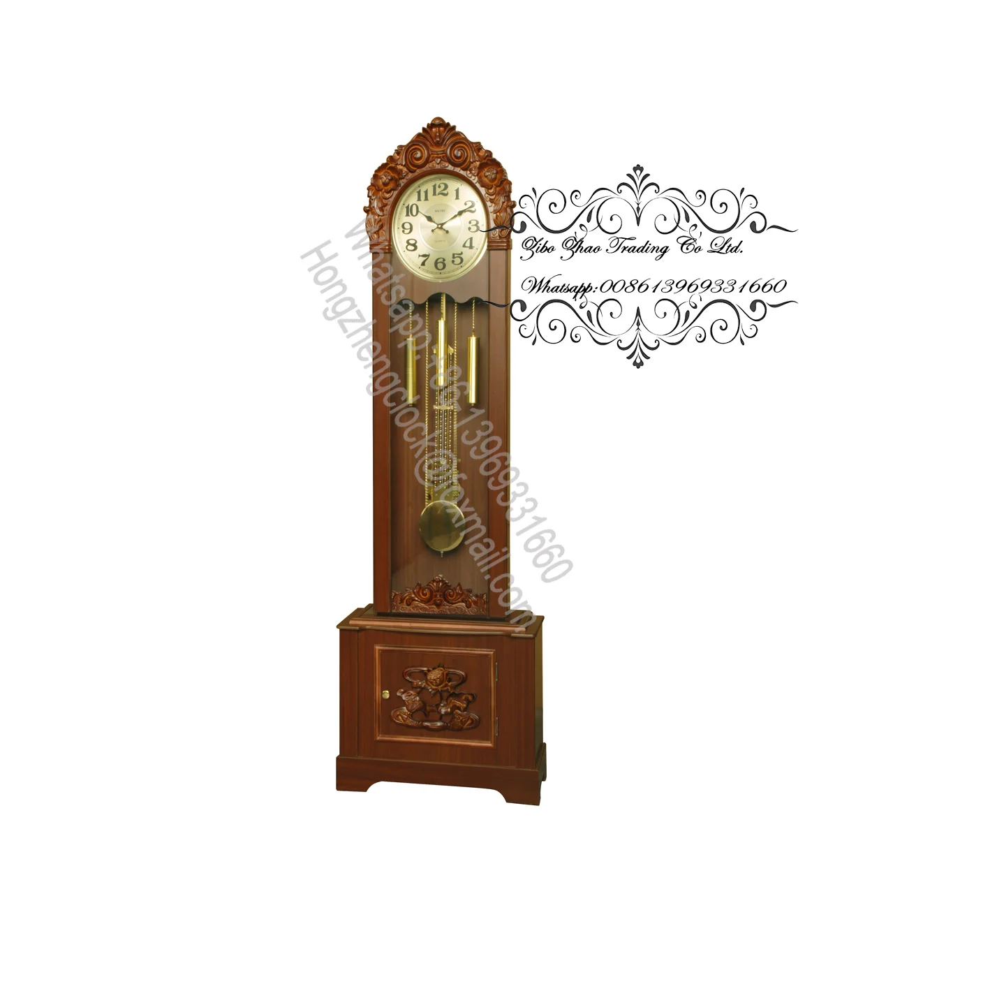 The weight shells are finished in brushed antique brass Grandfather clock made Hand-rubbed Windsor Cherry finish