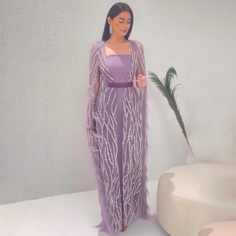 Jancember LSCZ154 Elegant Feathers Beaded Cape Sleeves Long Gown Square Collar Party Evening Dress