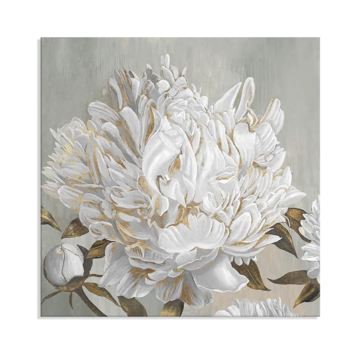 Modern Abstract White Blooming Flower Floral Art Picture with Gold Foil Artwork for Home Kitchen Living Room Bedroom Decor