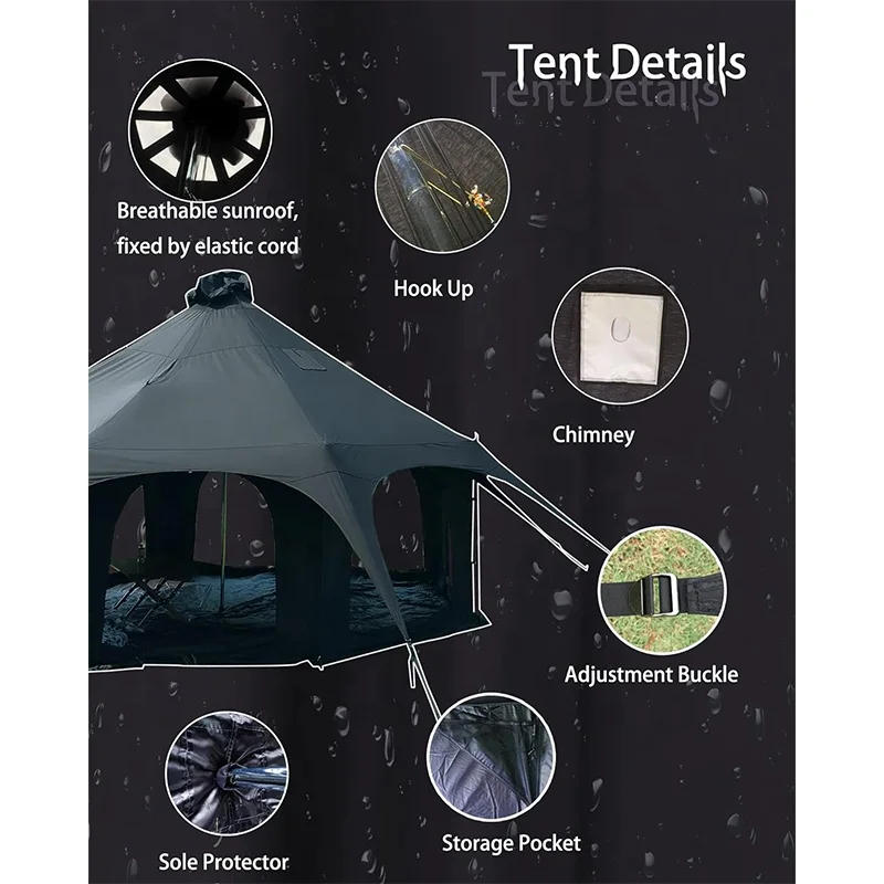 BOTEEN 5M Cotton Canvas Bell Tent Travel Group Activities 4 Season Polyester Cotton Black Tent With Stove