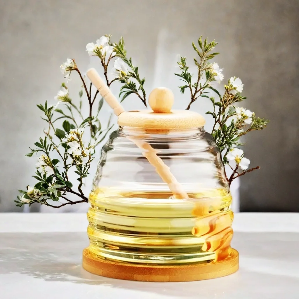 Home Glass Jar Clear Lead Free High Borosilicate Heat Resistant Handmade Glass Honey Canister With Wooden Lids And Stick Dipper