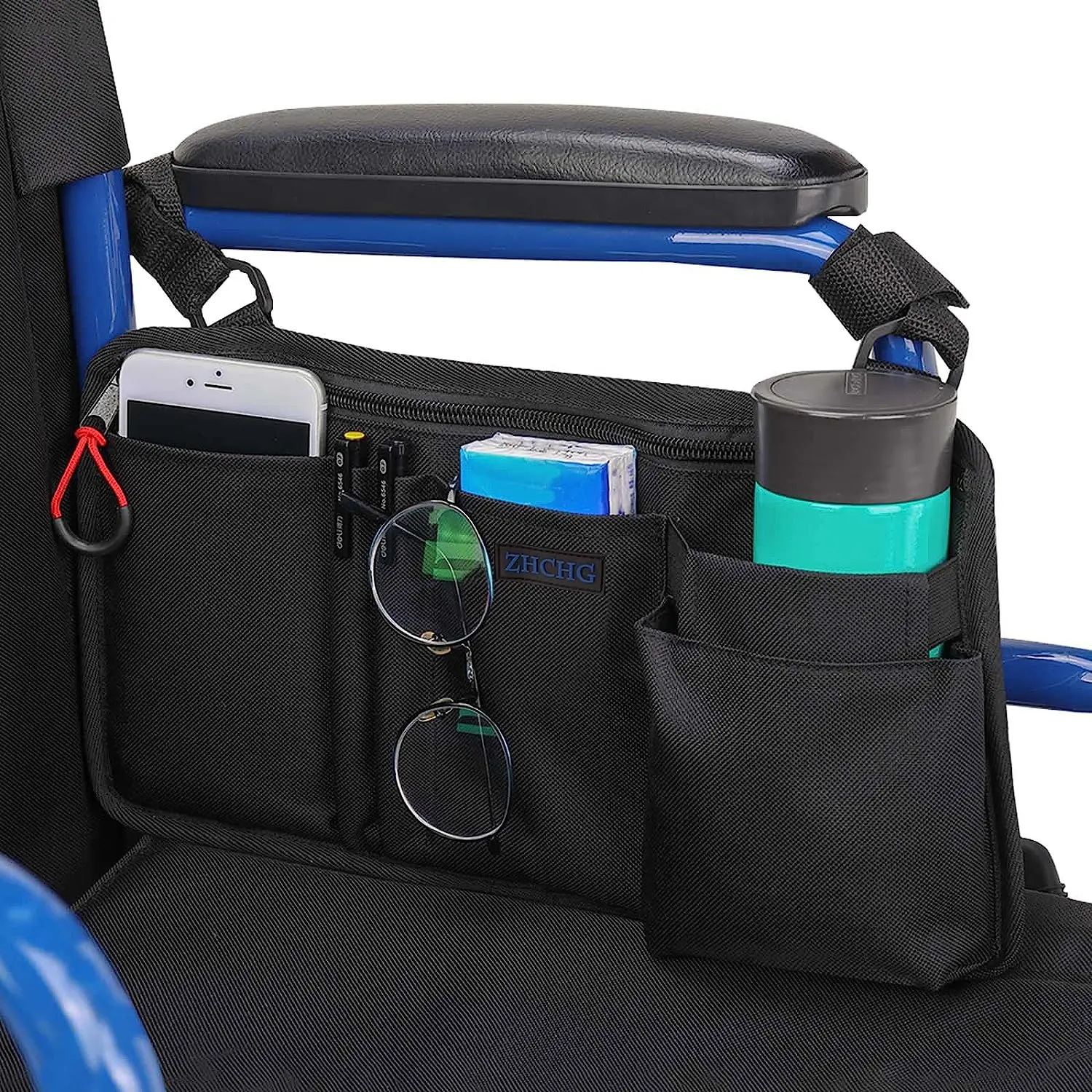 Wheelchair Side Bag Pouch Bag with Cup Holder Armrest Accessories for Wheelchair Rollator Electric Scooter Wheelchair