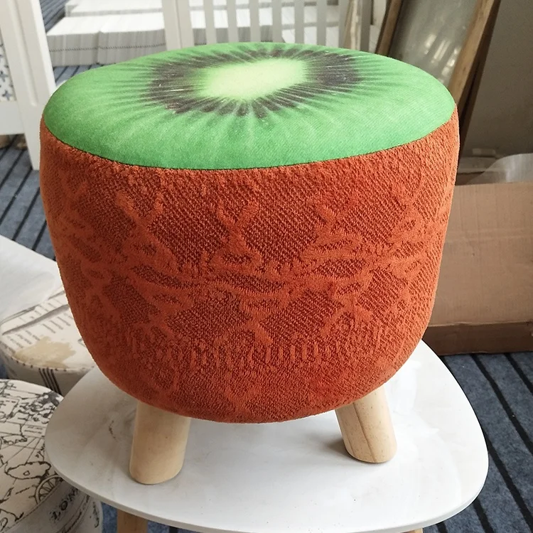 Customized comfortable linen printed chair stool with four wooden legs for living room