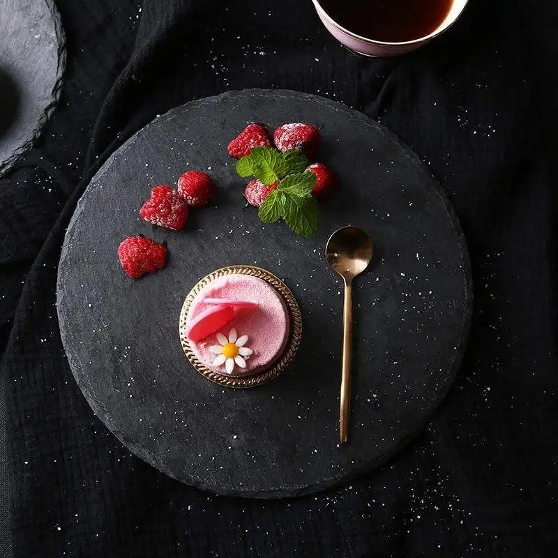 Round Slate Stone Plates Restaurant Sushi Stone Tray Wholesale Dinner Plate Black Serving Dishes For Catering Restaurant Hotel