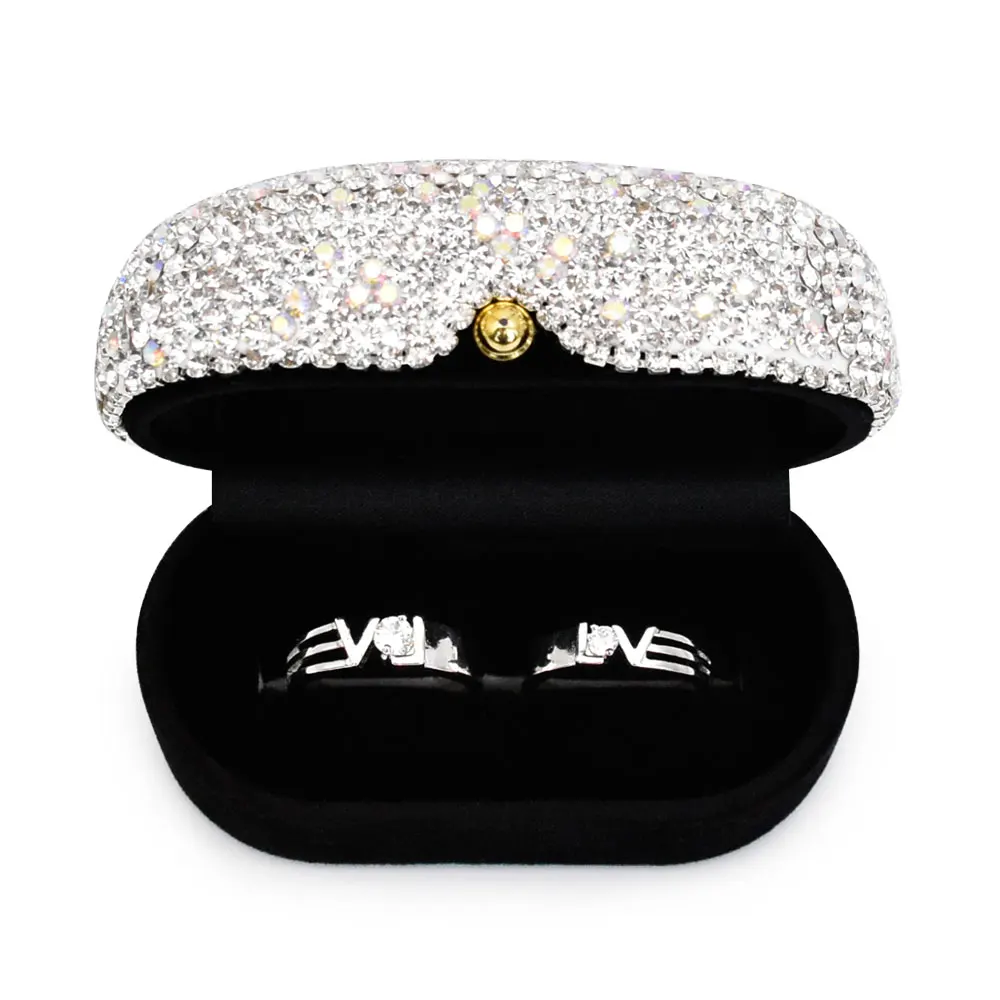 Luxury oval clamshell opening velvet jewellery double rings packaging box diamond attached jewelry box with diamonds