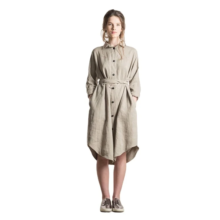 Winter Latex Casual Women Blank Long Sleeve Loose Khaki Linen Shirt Dress 2021