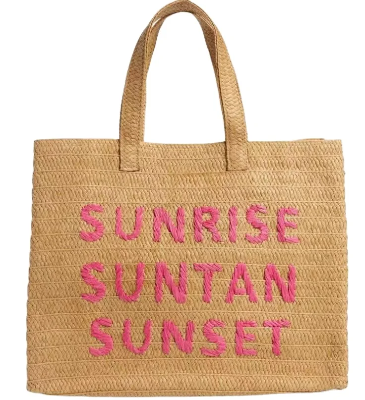 2024 New Customized Handmade Straw Tote Handbag Woven Straw Bags Tote Summer Beach Straw Bag