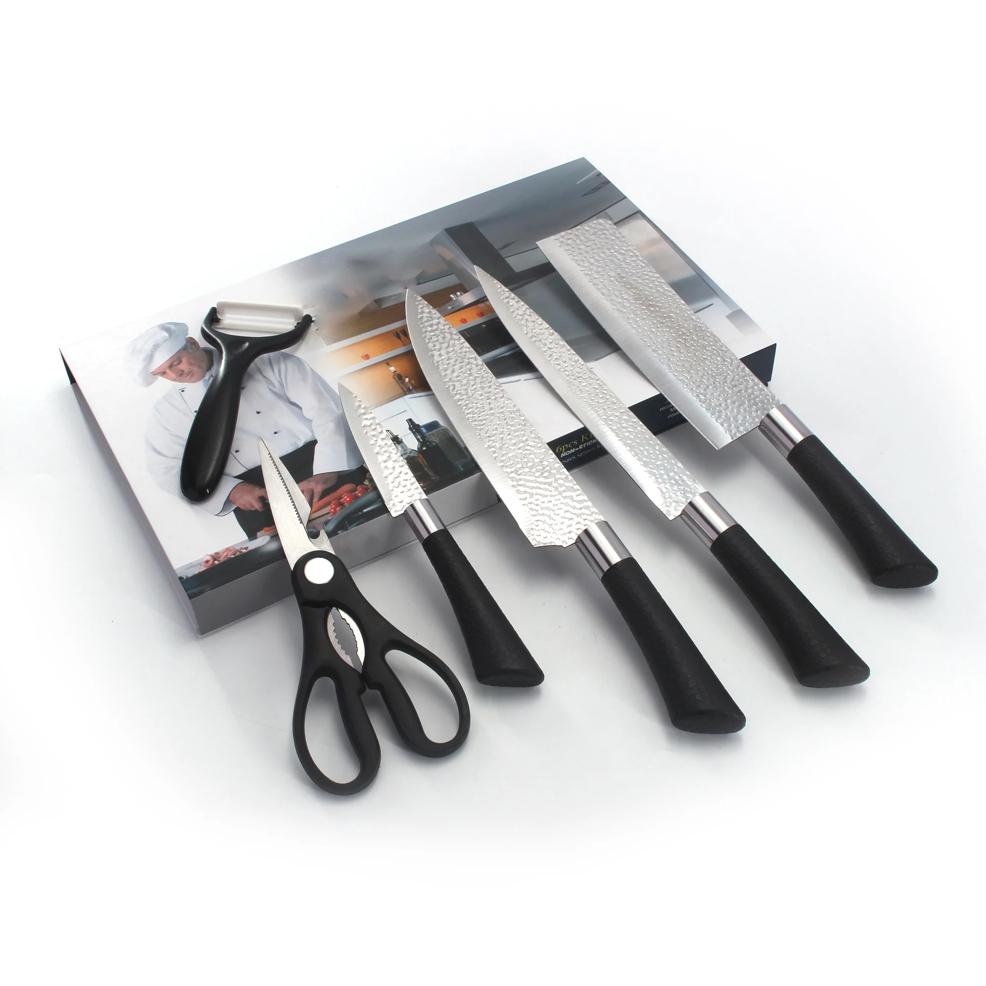 6PCS Professional Stainless Steel Blade Kitchen Knife Set TPR Coating Handle With Kitchen Scissor Vegetable Fruit Peeler